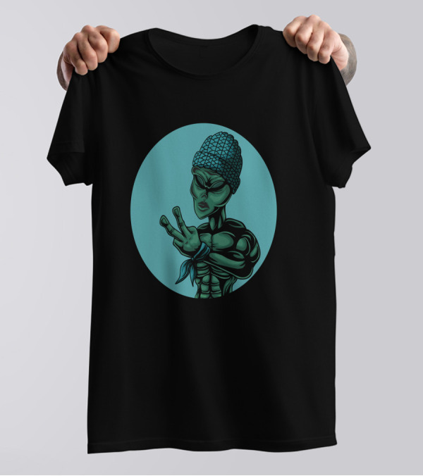 Alien Gangster Style Rapper With Beanie And Bandana T-Shirt