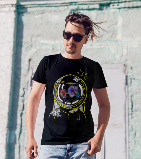 Astronaut Helmet With Colorful Fish In Space And Yellow Stars T-Shirt