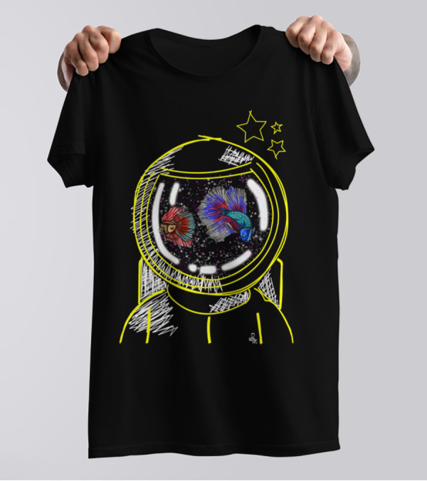 Astronaut Helmet With Colorful Fish In Space And Yellow Stars T-Shirt