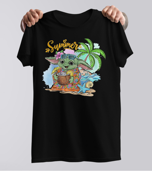 Summer Baby Yoda Beach Vibes With Palm And Coconut Drink T-Shirt