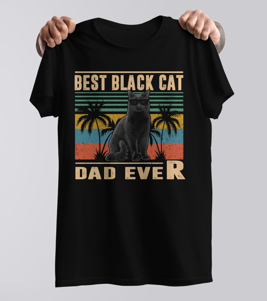 Best Black Cat Dad Ever Retro Palm Trees Sunglasses T-Shirt