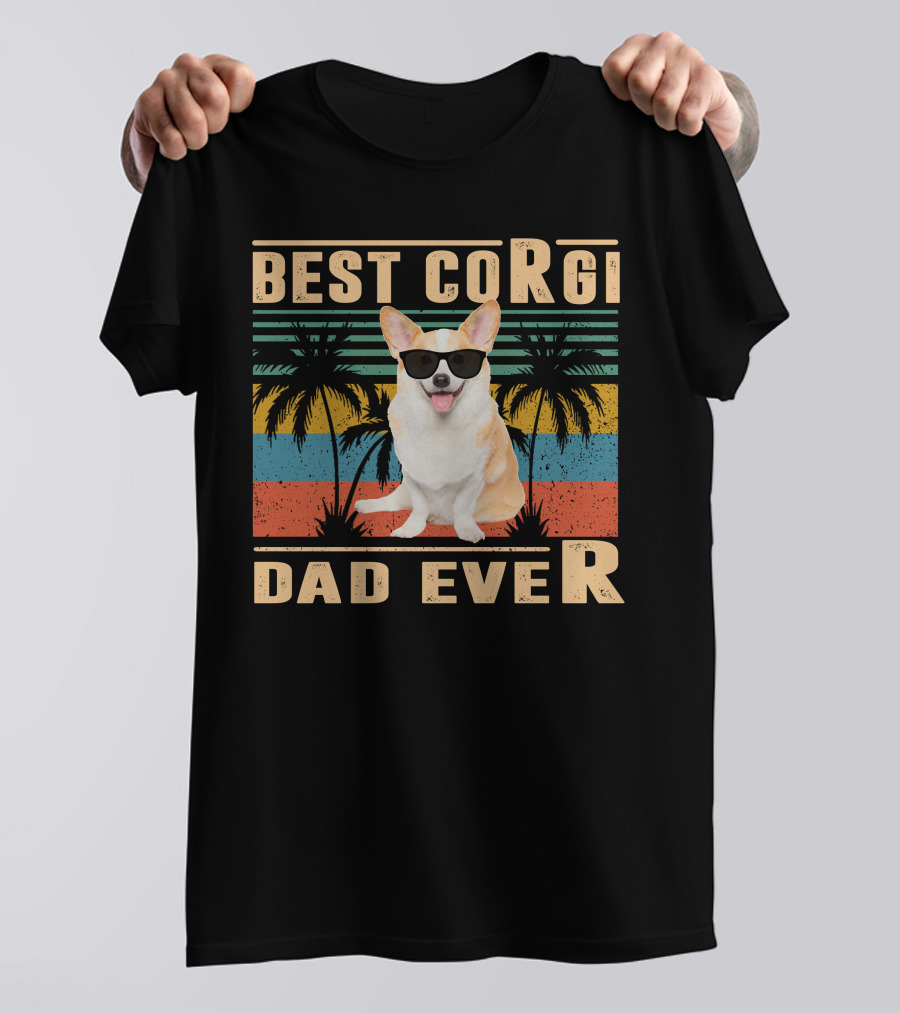 Best Corgi Dad Ever Retro Palm Trees Sunglasses T-Shirt