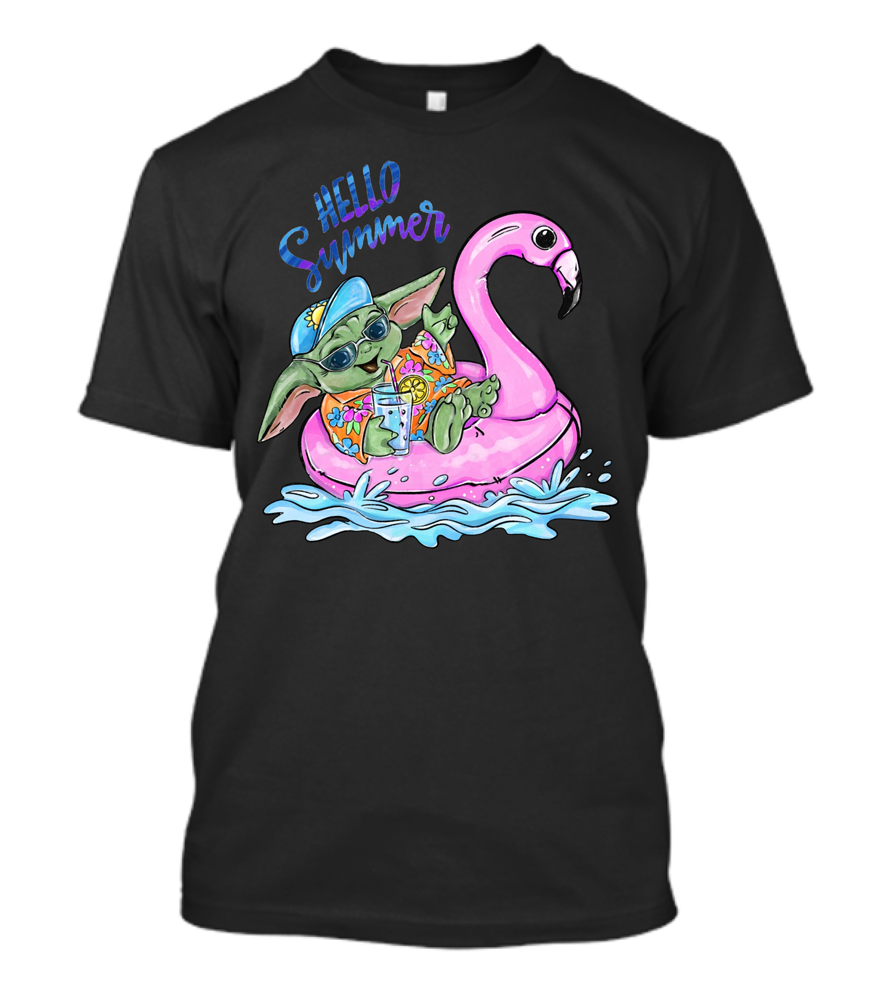 Hello Summer Yoda Flamingo Float Retro Fun T-Shirt