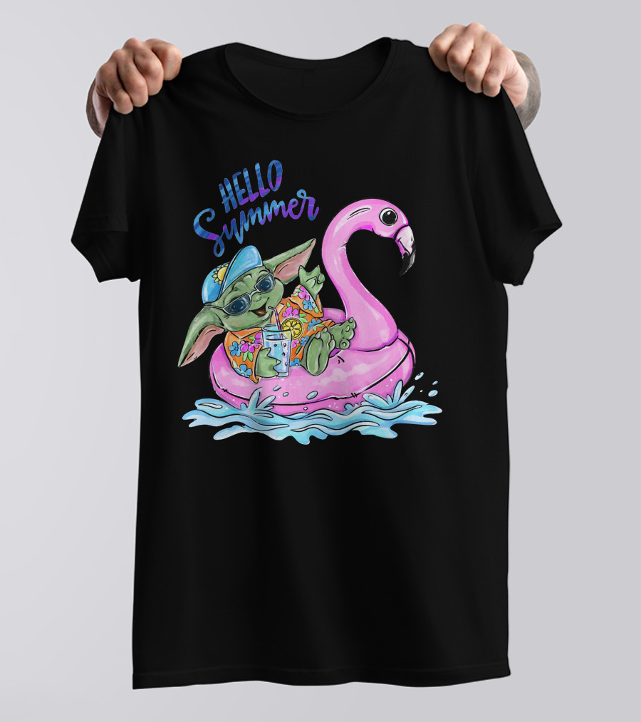 Hello Summer Yoda Flamingo Float Retro Fun T-Shirt