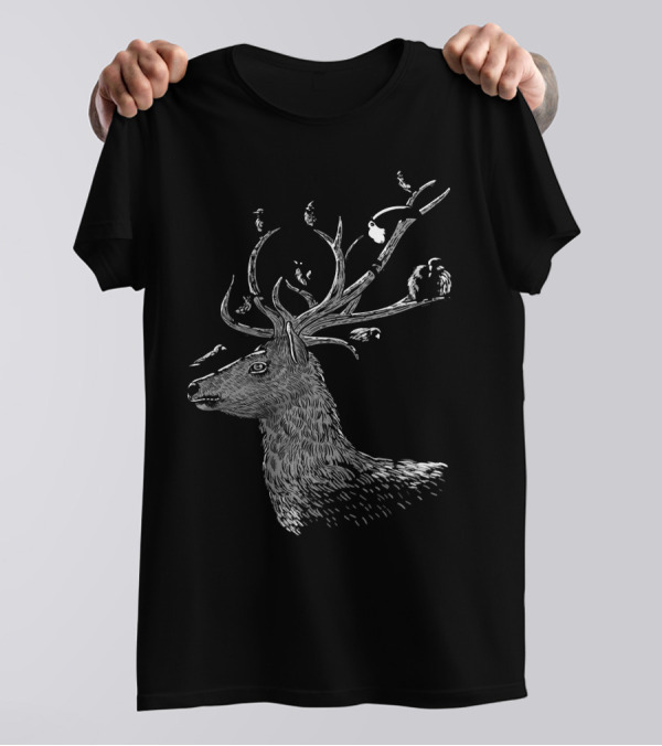 Hipster Deer With Birds In Antlers T-Shirt