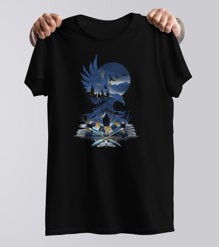 House Of Ravenclaw Hogwarts Castle Eagle With Quidditch In Blue Night Scene T-Shirt