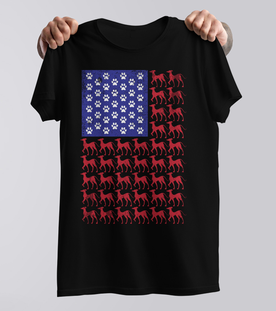 Italian Greyhound American Flag Patriotic 4th Of July With Paw Prints T-Shirt