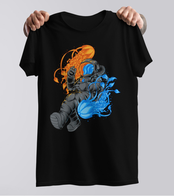Jellyfish Astronaut Orange And Blue Cosmic Exploration T-Shirt