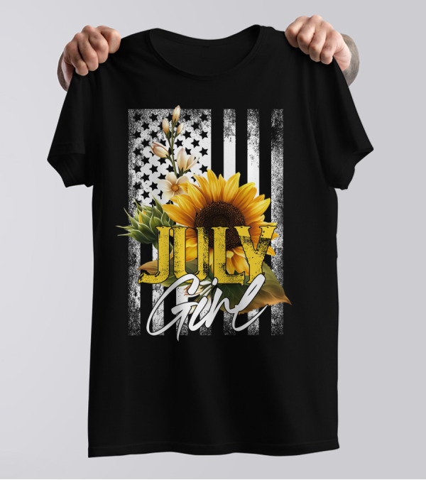 JULY GIRL Sunflower Floral American Flag T-Shirt