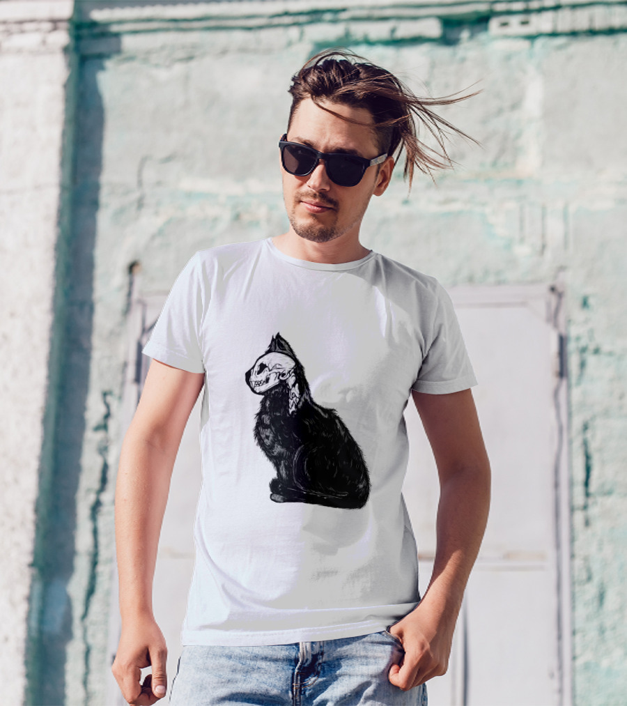 Kittycat Skeleton Illustration Cat Skull T-Shirt