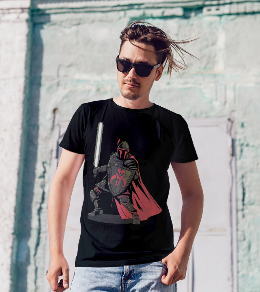 Mandalorian Knight With Lightsaber And Shield T-Shirt