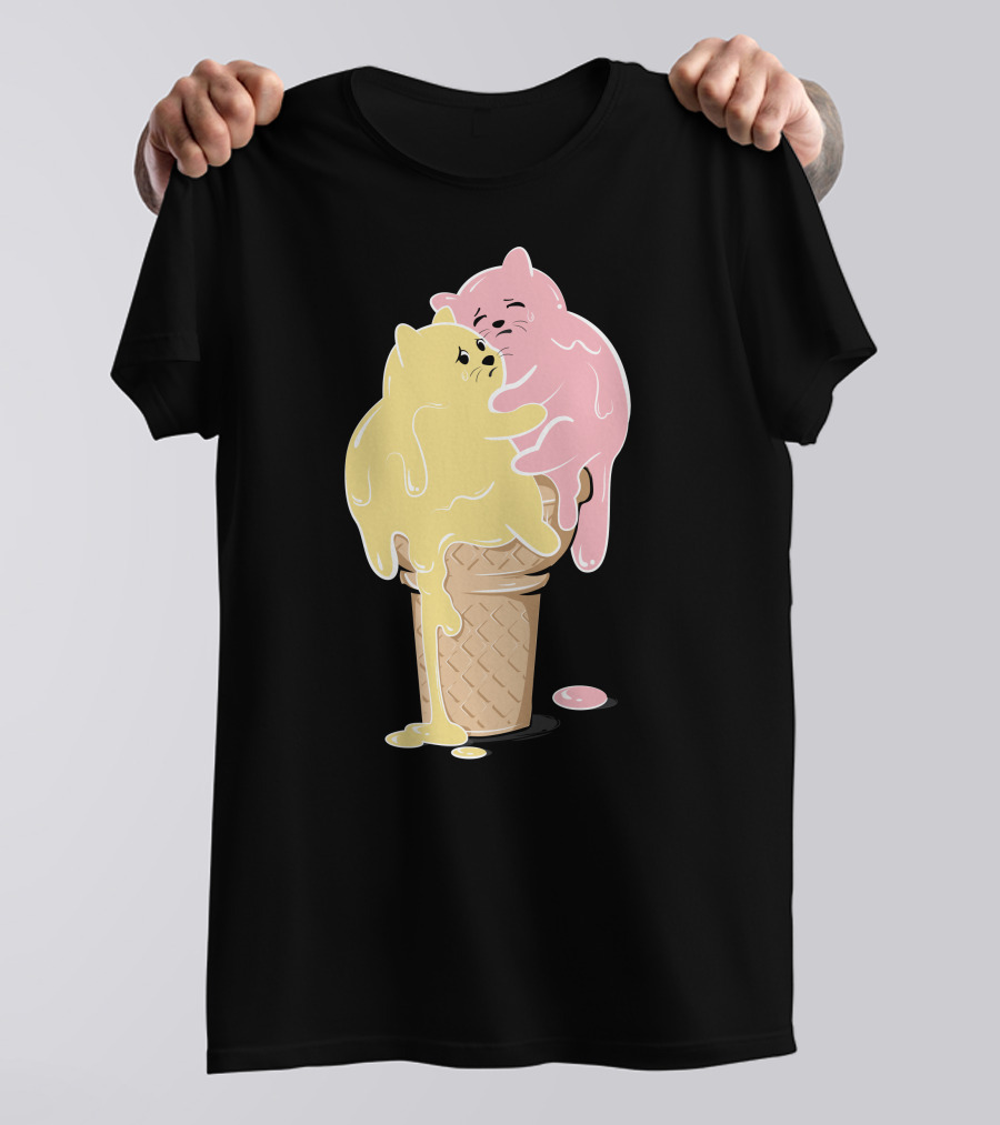Melting Cats Ice Cream Cone Pastel Yellow And Pink T-Shirt