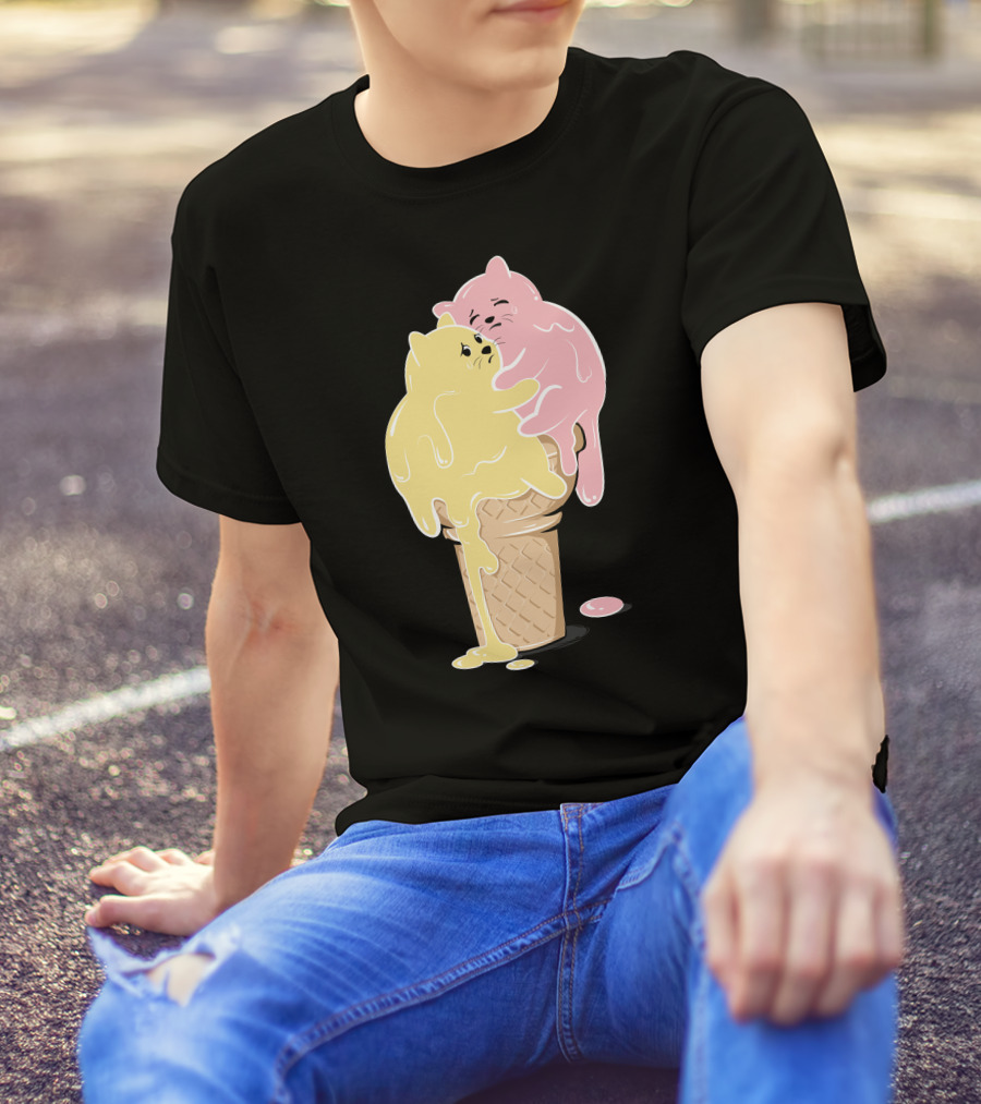 Melting Cats Ice Cream Cone Pastel Yellow And Pink T-Shirt