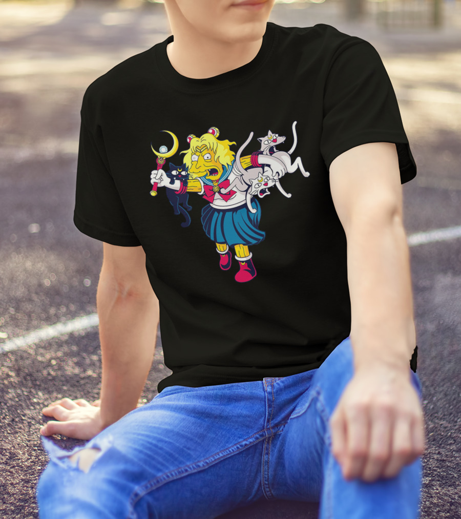 Homer Simpson Sailor Moon Parody With Luna And Artemis Cats T-Shirt