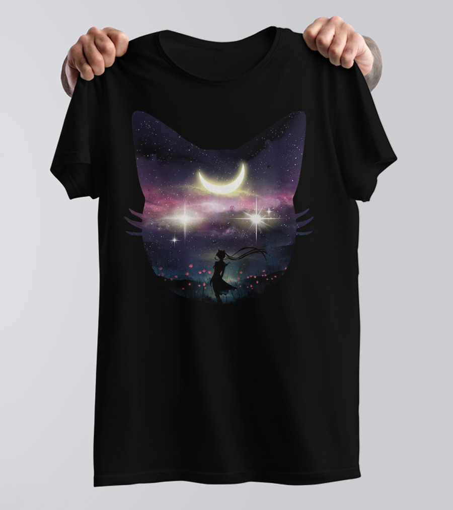 Moon Chaser Cat Silhouette Under Starry Sky With Crescent Moon And Silhouetted Figure T-Shirt