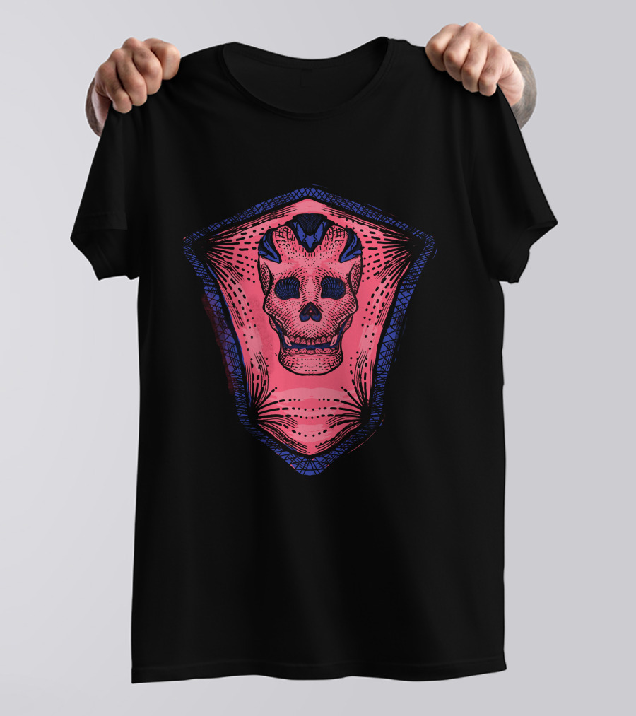 Pinky Skull Shield With Intricate Blue Accents T-Shirt