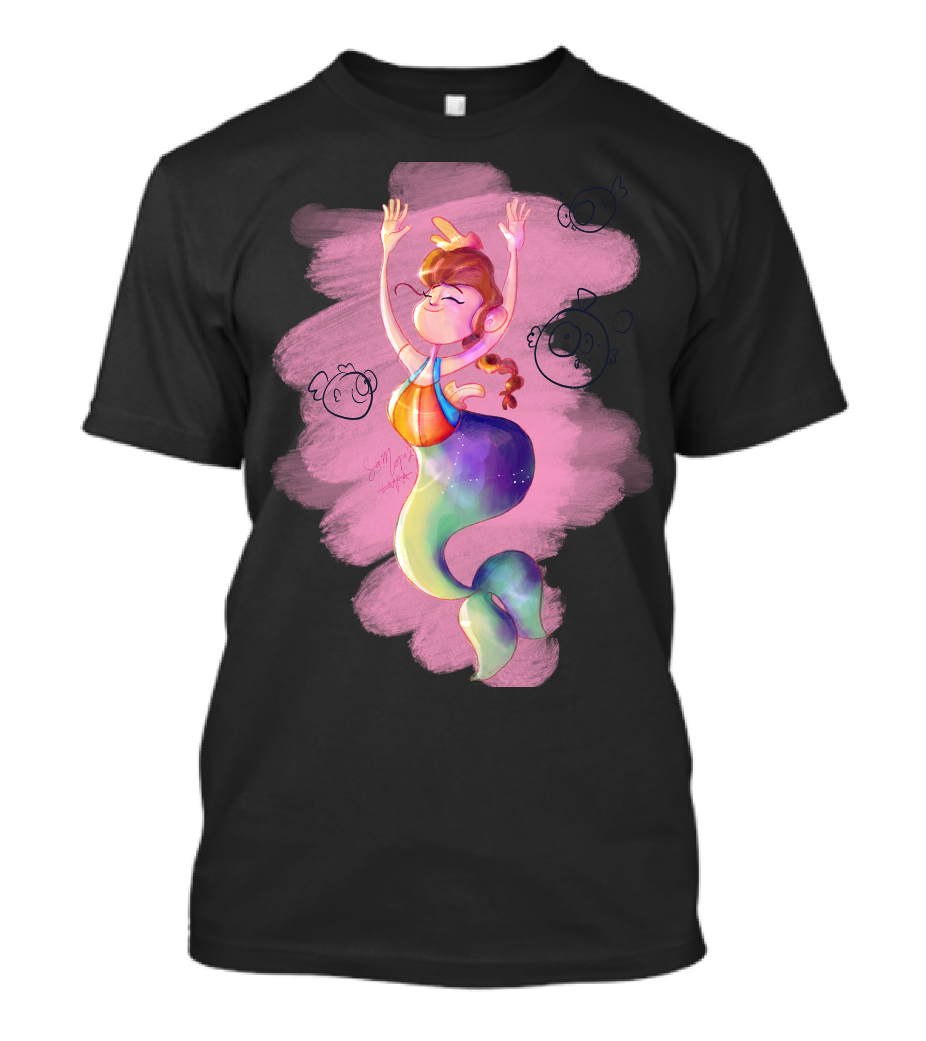 Pisces Mermaid Rainbow Girl With Pink Fish Bubbles T-Shirt