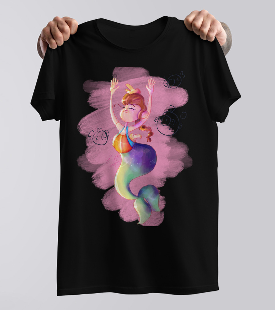 Pisces Mermaid Rainbow Girl With Pink Fish Bubbles T-Shirt