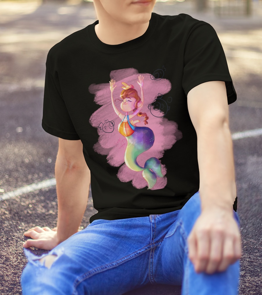Pisces Mermaid Rainbow Girl With Pink Fish Bubbles T-Shirt