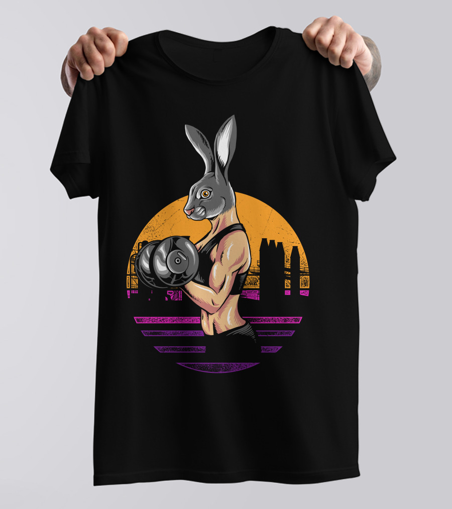 Bodybuilder Rabbit Workout With Dumbbells In Sunset Cityscape T-Shirt