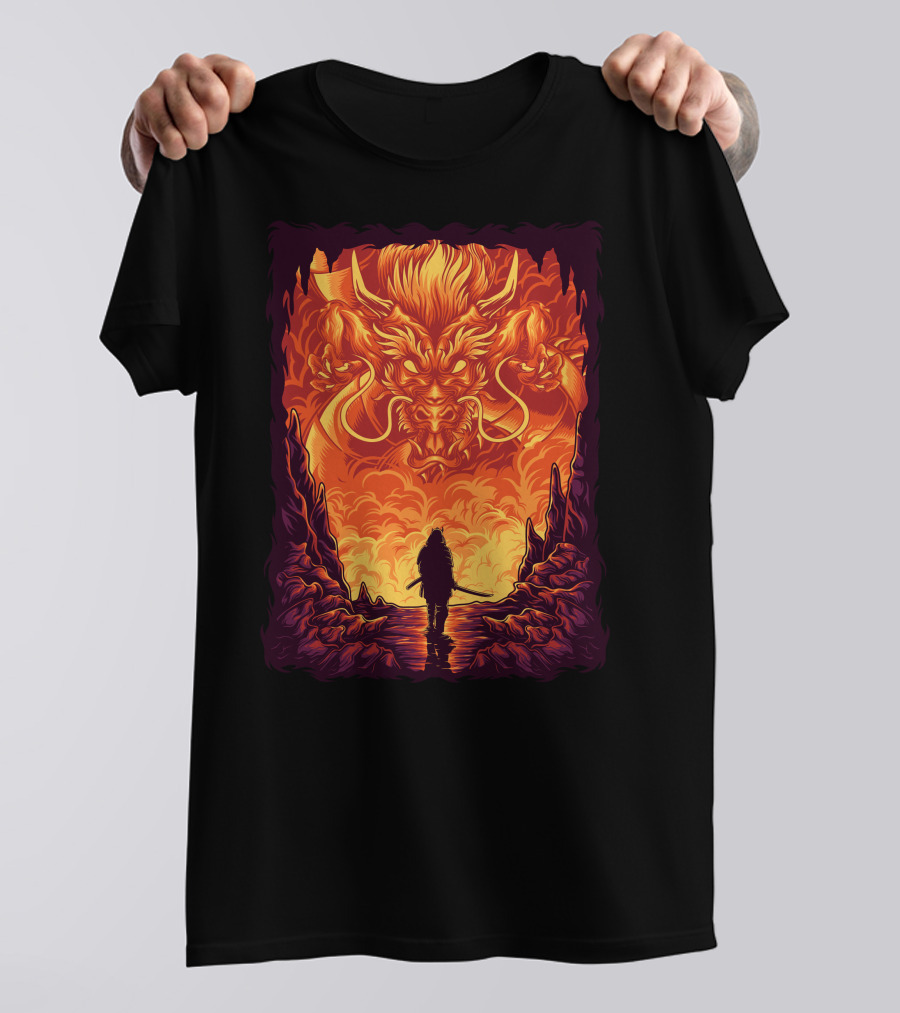 Samurai Confronts Fiery Dragon In Cave Encounter T-Shirt