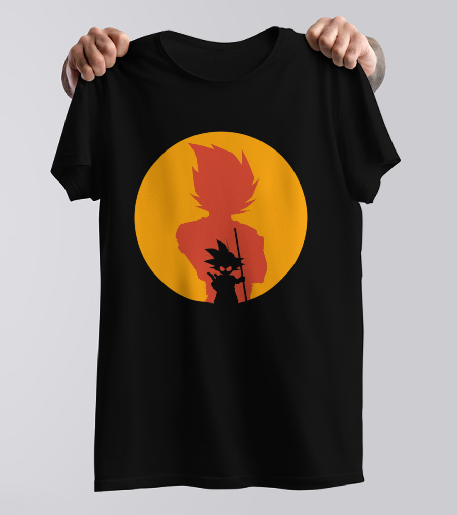 Shadow Goku Silhouette Against Fiery Sunset T-Shirt