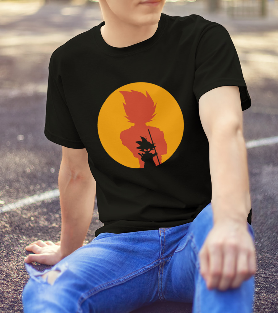 Shadow Goku Silhouette Against Fiery Sunset T-Shirt
