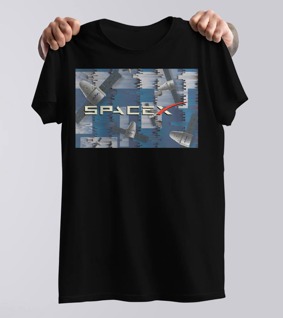 SpaceX Dragon Capsule With Logo On Blue Pattern Background T-Shirt