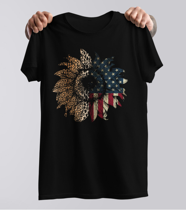 Sunflower Animal Print Red White Blue American Flag T-Shirt