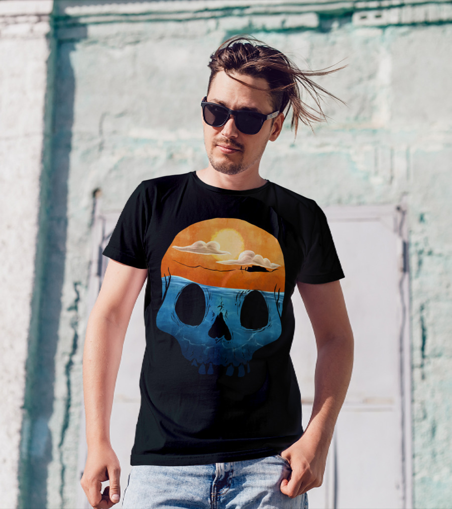 Sunset Over Ocean Skull With Clouds And Sun T-Shirt