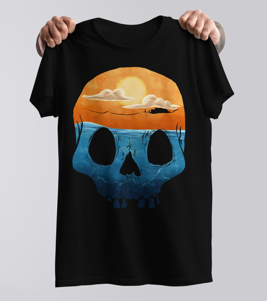 Sunset Over Ocean Skull With Clouds And Sun T-Shirt