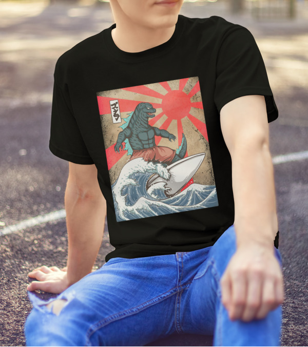 Surfing Kaiju Retro Japanese Wave Monster Sunburst Scene T-Shirt