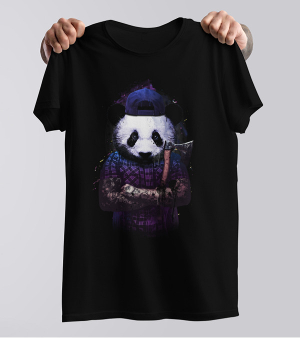 Tattoo Panda Woodcutter With Axe And Cap T-Shirt