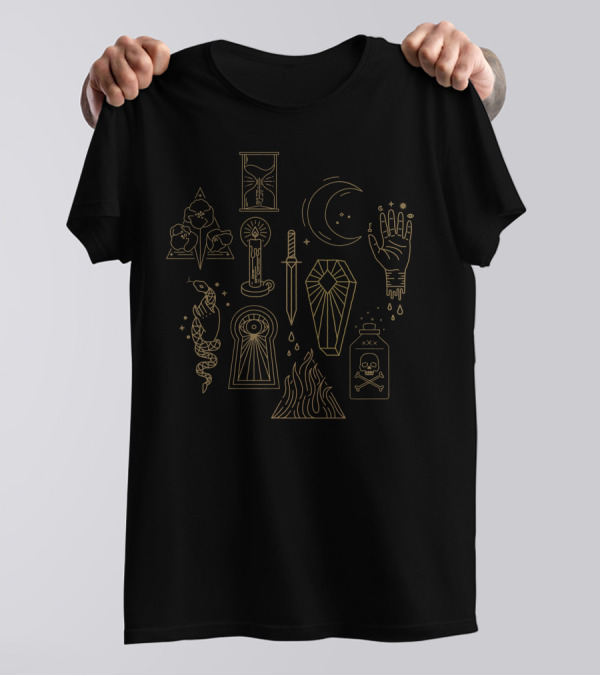 The Sin And The Sentence Hourglass Candle Dagger Coffin Snake Moon Skull Hand Symbols T-Shirt