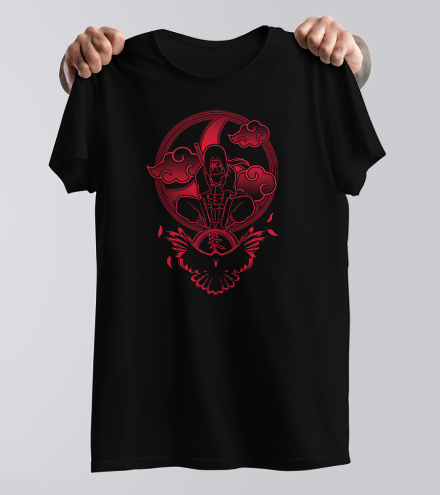 The True Shinobi Red Clouds And Crouching Warrior With Crescent Moon And Bird Elements T-Shirt