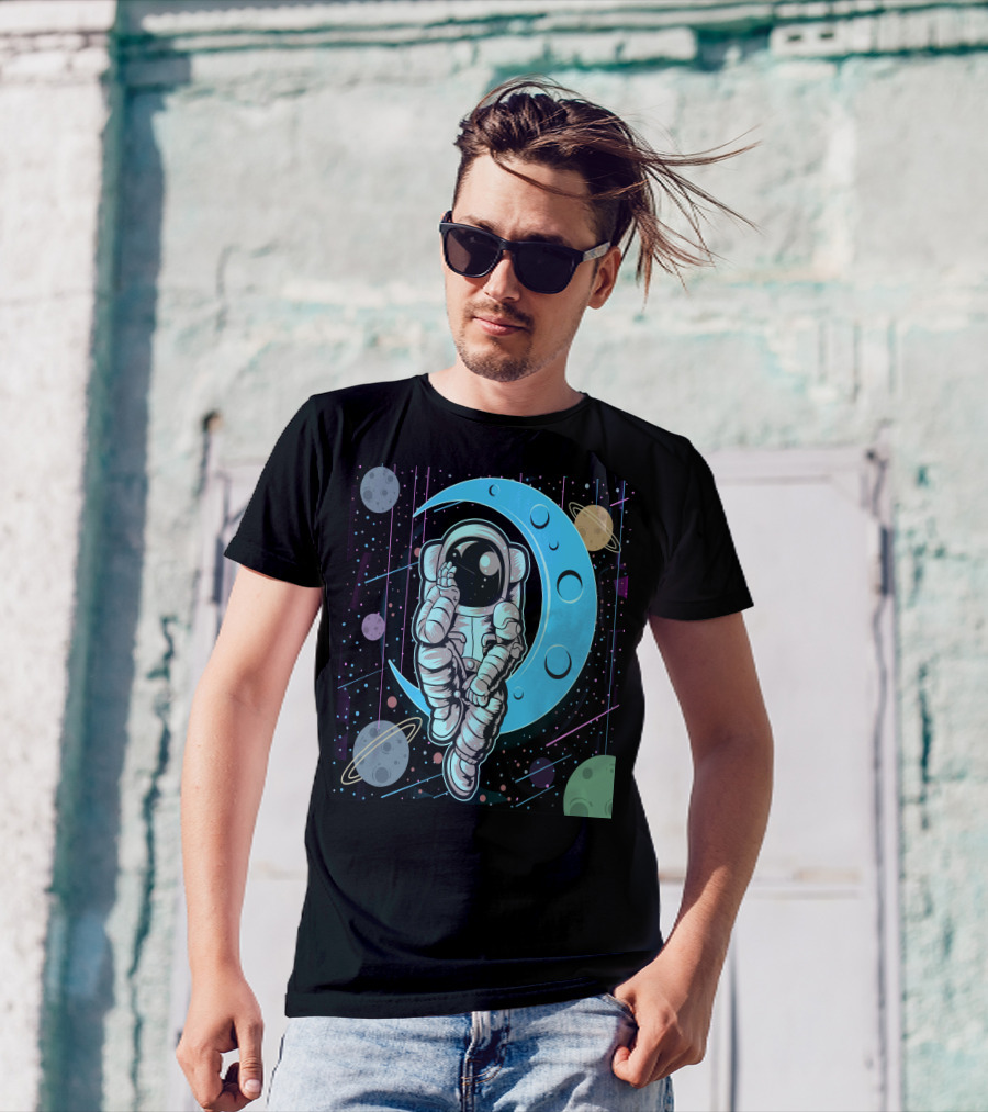 Thoughtful Astronaut On Crescent Moon With Colorful Planets T-Shirt