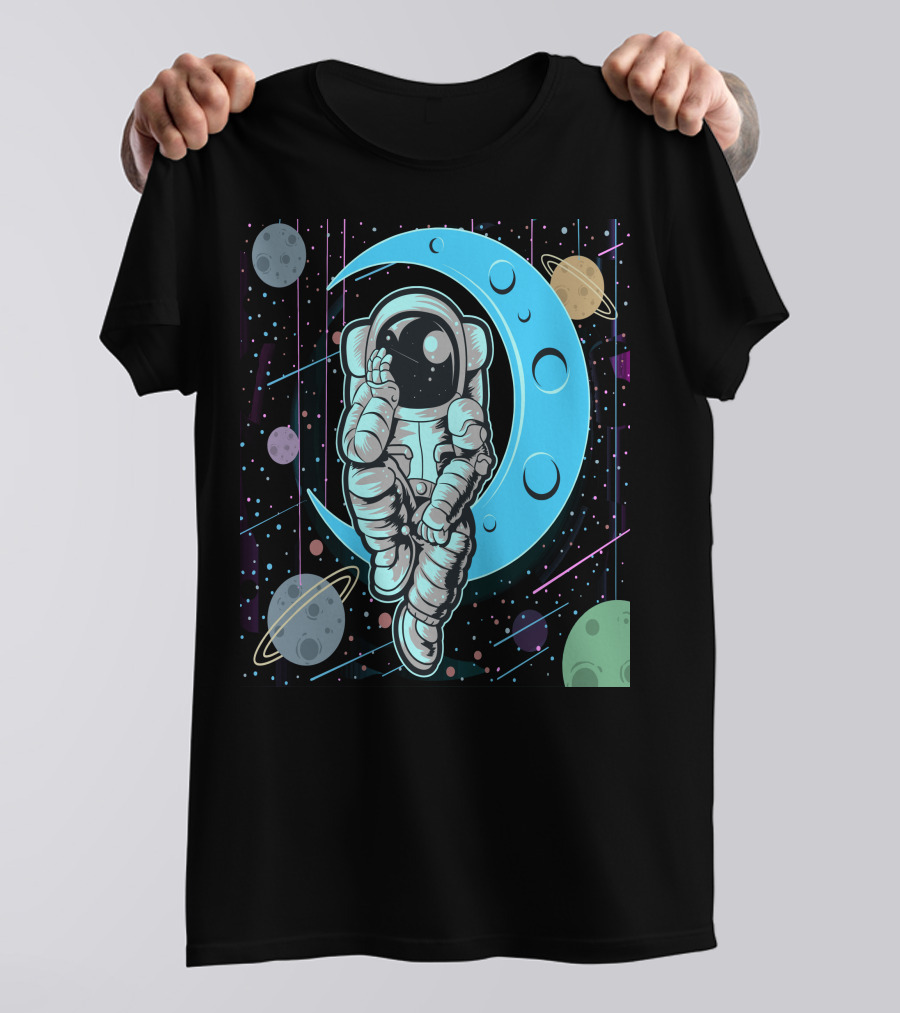 Thoughtful Astronaut On Crescent Moon With Colorful Planets T-Shirt