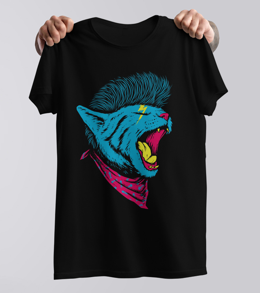 Unique Punk Cat Mohawk Lightning Bandana T-Shirt