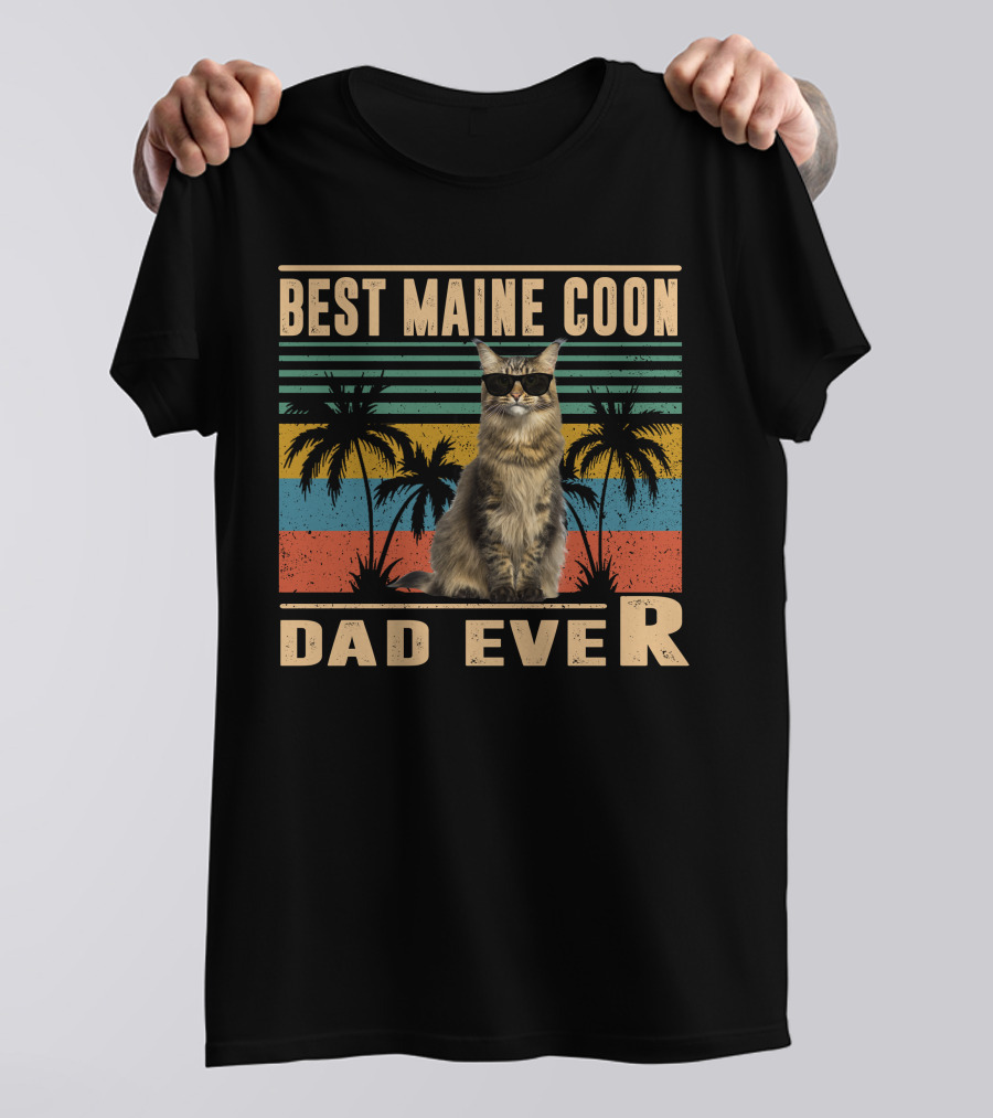 Best Maine Coon Dad Ever Retro Palm Tree Sunset T-Shirt