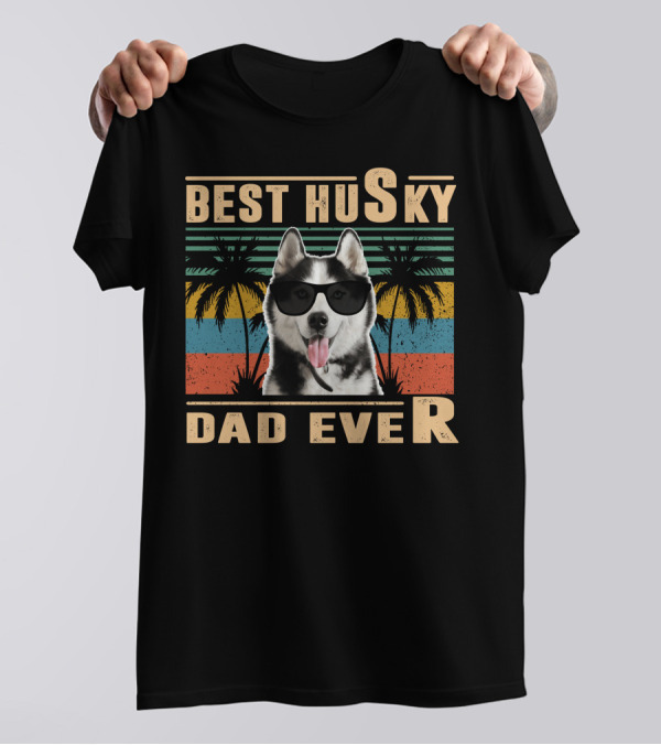 Best Husky Dad Ever Vintage Palm Sunset T-Shirt