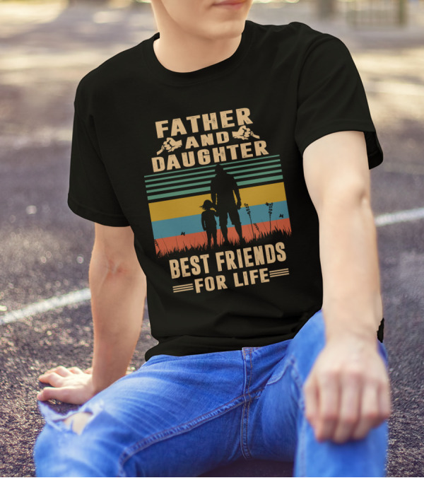 Father And Daughter Best Friends For Life Vintage Silhouette Retro Stripes T-Shirt