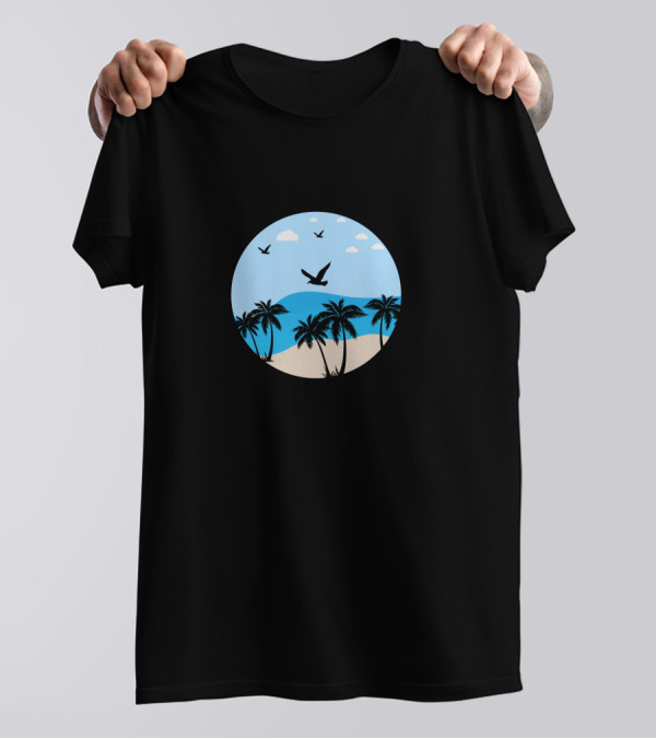 Born To Be Fresh Beach Palm Trees And Birds Sky Scene T-Shirt