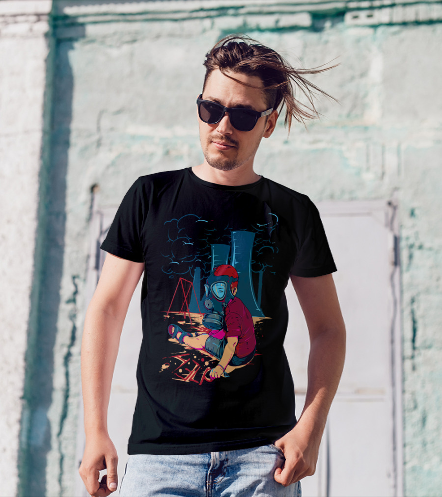 Boy In Gas Mask With Playground And Nuclear Cooling Towers T-Shirt