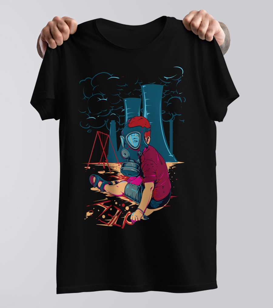 Boy In Gas Mask With Playground And Nuclear Cooling Towers T-Shirt