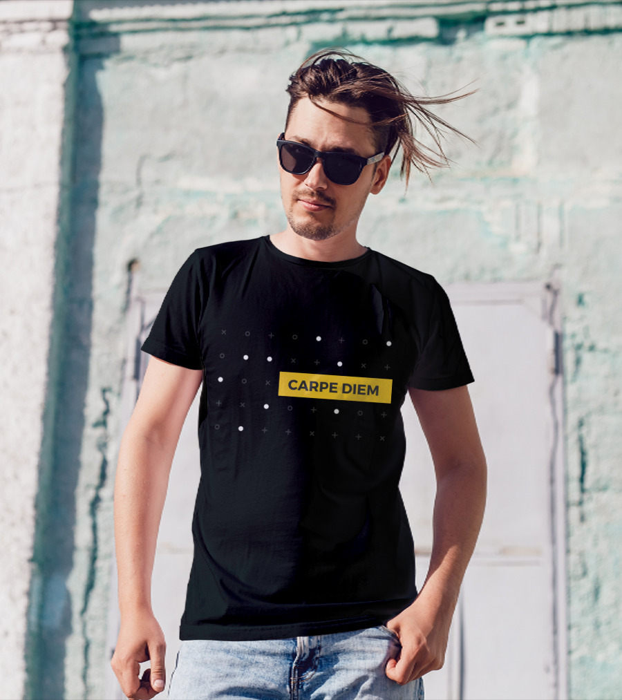 CARPE DIEM Yellow Block Minimalist Black Background With White Dots And Crosses T-Shirt