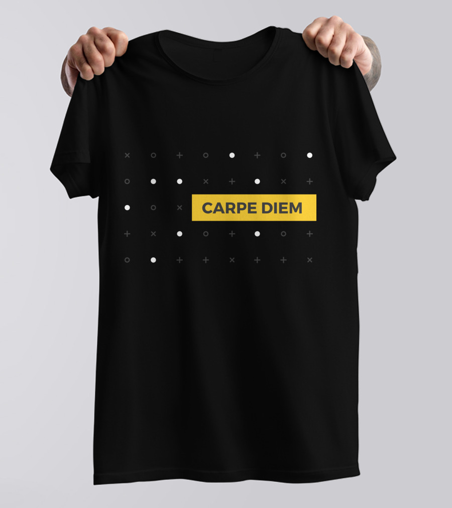 CARPE DIEM Yellow Block Minimalist Black Background With White Dots And Crosses T-Shirt