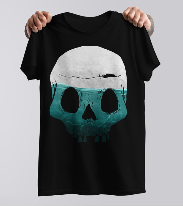 Cloudy Ocean Skull With Fishing Boat T-Shirt