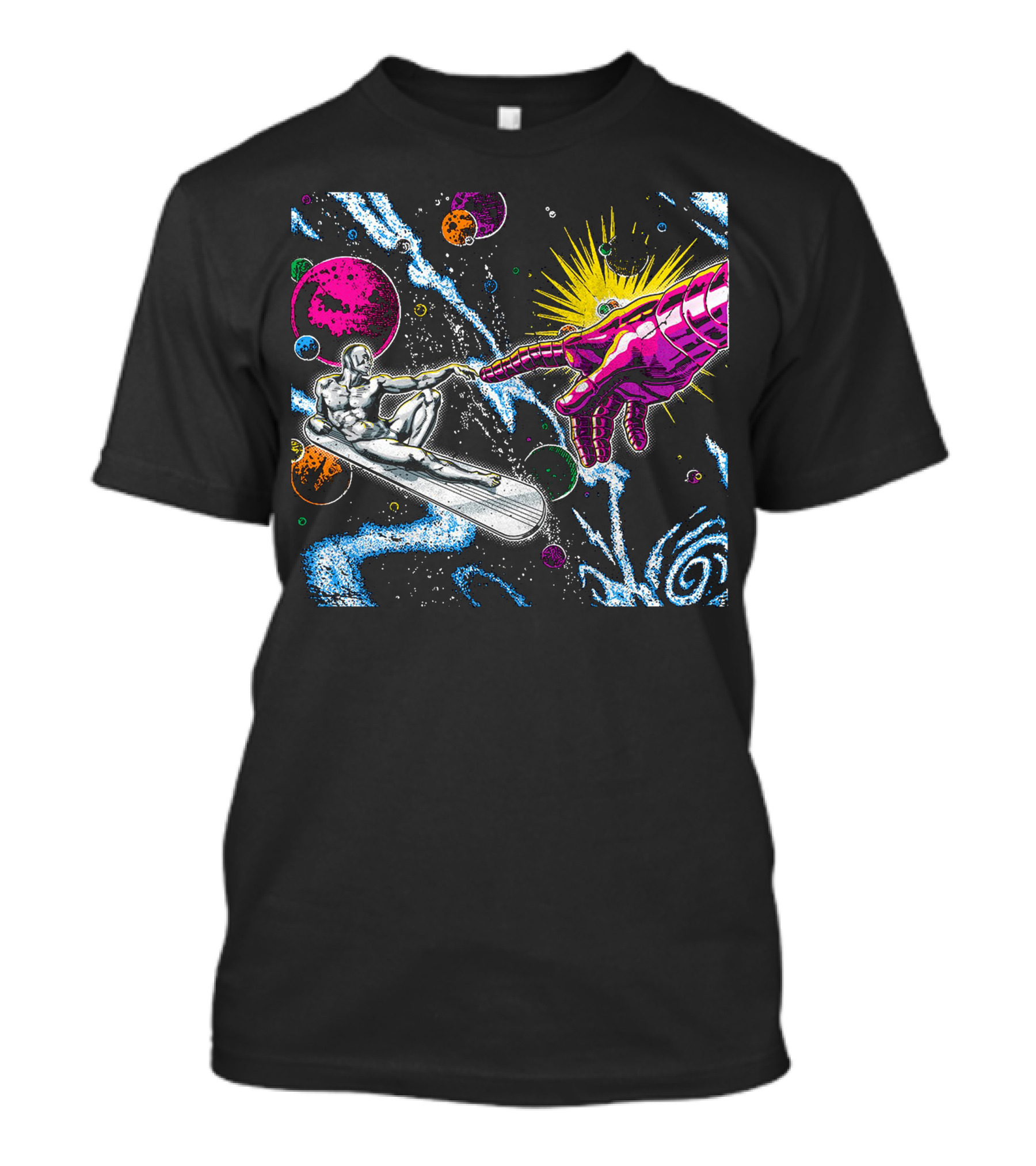 Silver Surfer And Galactic Hand Among Colorful Planets And Cosmic Swirls T-Shirt