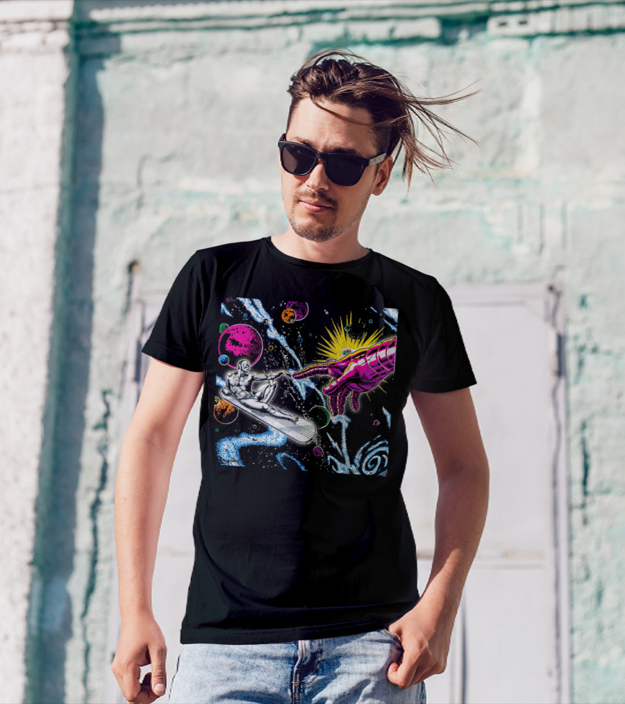 Silver Surfer And Galactic Hand Among Colorful Planets And Cosmic Swirls T-Shirt