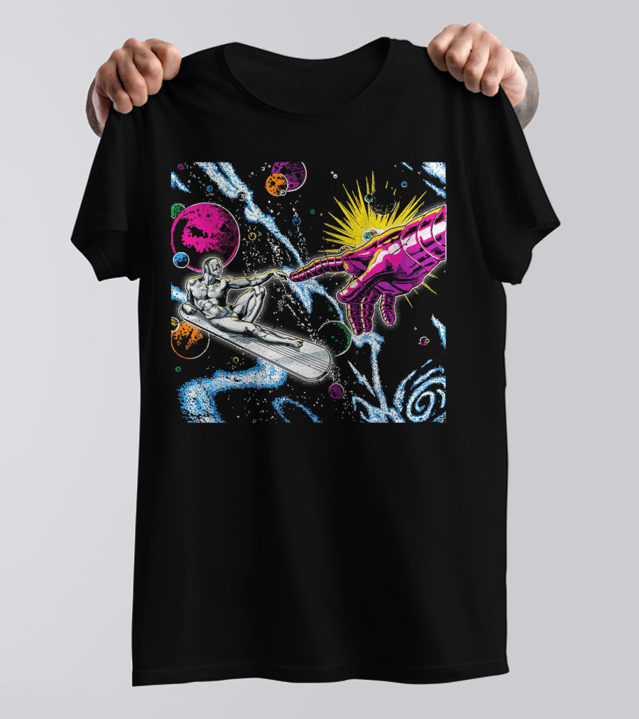 Silver Surfer And Galactic Hand Among Colorful Planets And Cosmic Swirls T-Shirt